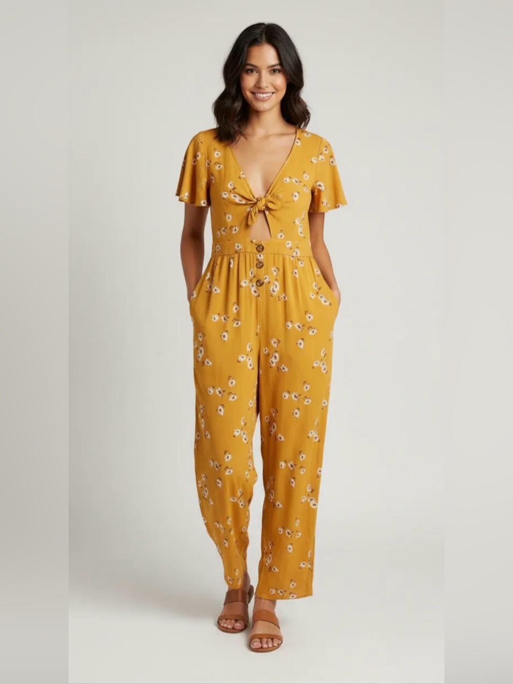 Mimi Chica Mustard Floral Tie-Front Jumpsuit